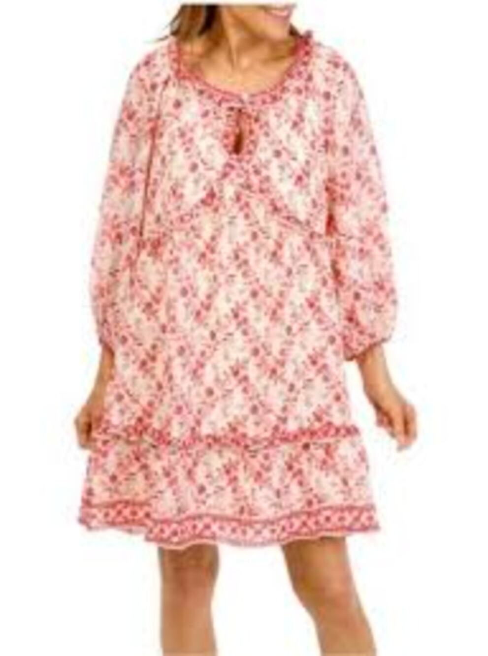 Max Studio Keyhole Long Sleeve Floral Tiered Mini Dress Pink White Small